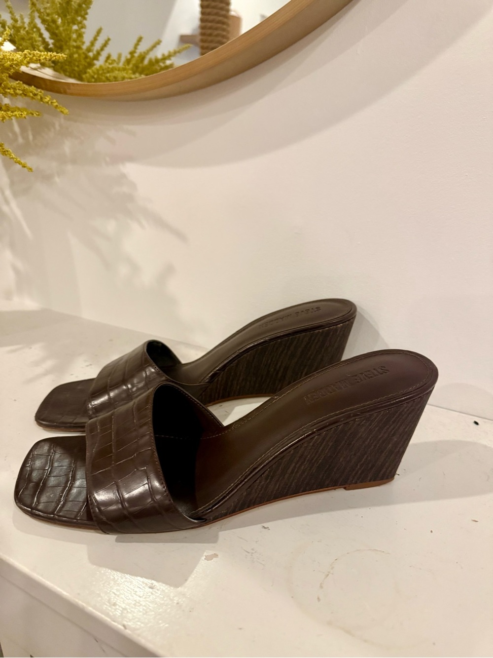 Steve Madden Dark Brown Croc-Embossed Wedge Slides